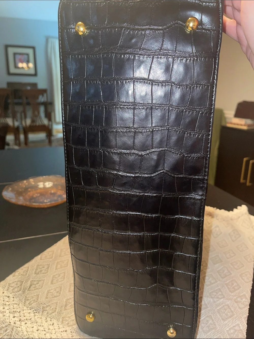 Adrienne Vittadini Black           Croc-Embossed Leather Tote Bag / Red Trim